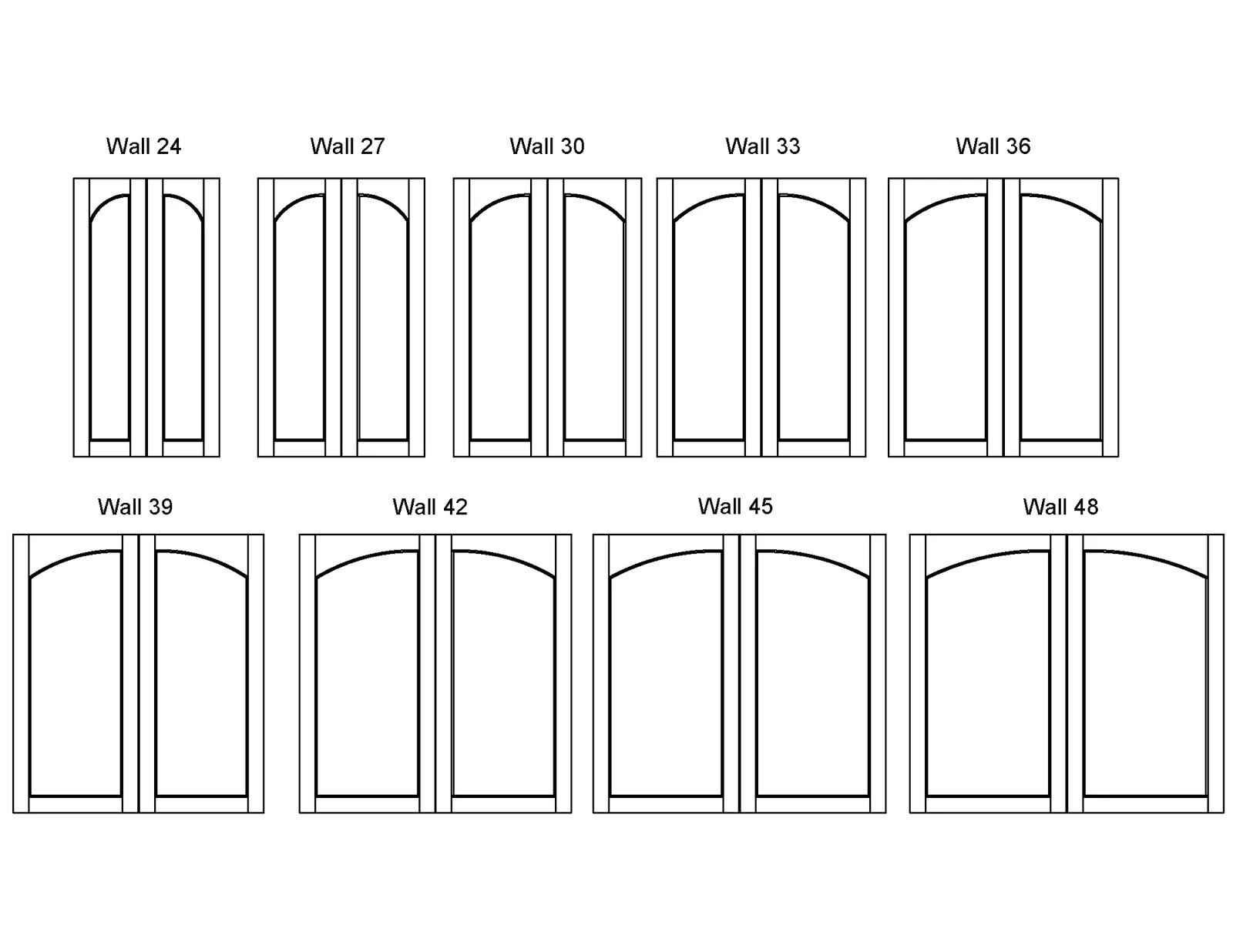 Line drawing of Shiloh and Eclipse Contour door pairs on wall cabinets 24, 27, 30, 33, 36, 39, 42, 45, and 48 inches wide, showing the arch flattening as width increases
