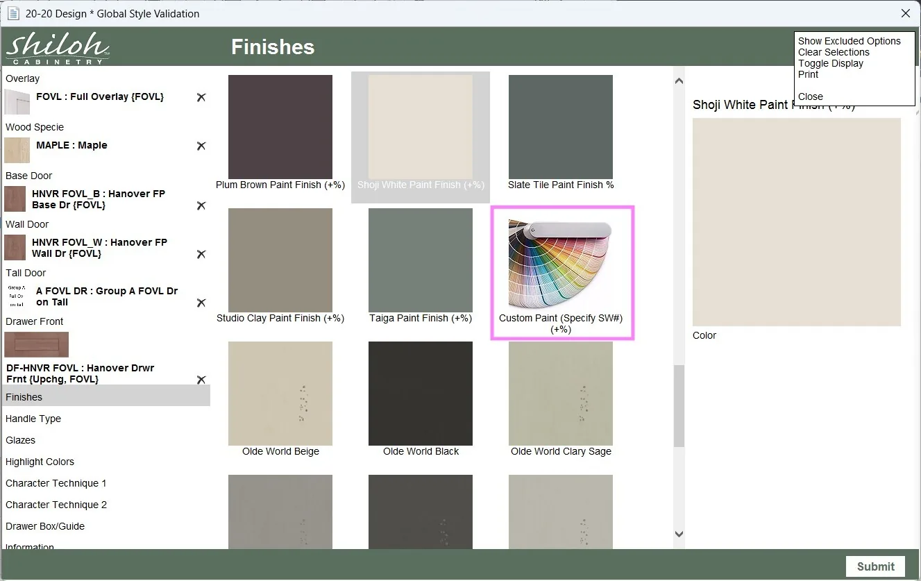 2020 Design global style validation screen for Shiloh with Custom Paint (Specify SW#) selected in Finishes