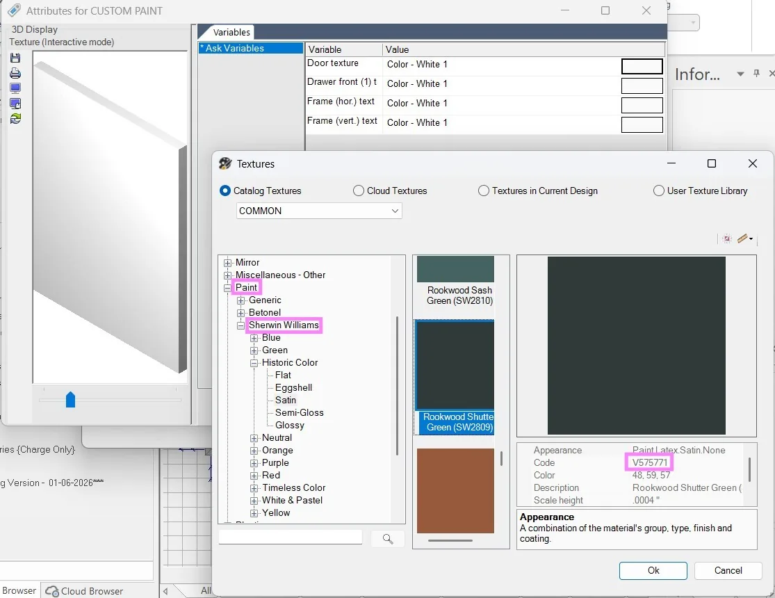 2020 Design Textures browser with Paint, Sherwin Williams selected and Rookwood Shutter Green SW2809 chosen