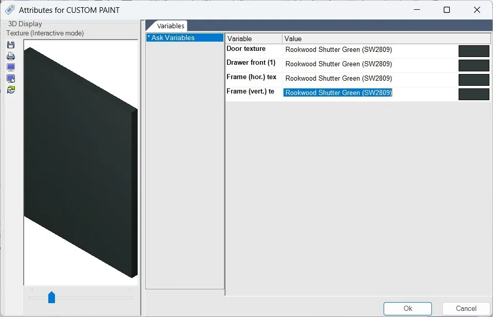 2020 Design Custom Paint attributes with door, drawer front, and frame textures all set to Rookwood Shutter Green SW2809