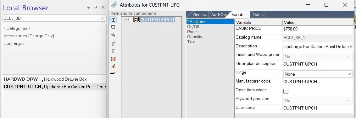 2020 Design attributes for CUSTPNT-UPCH, the $750 upcharge for custom paint orders