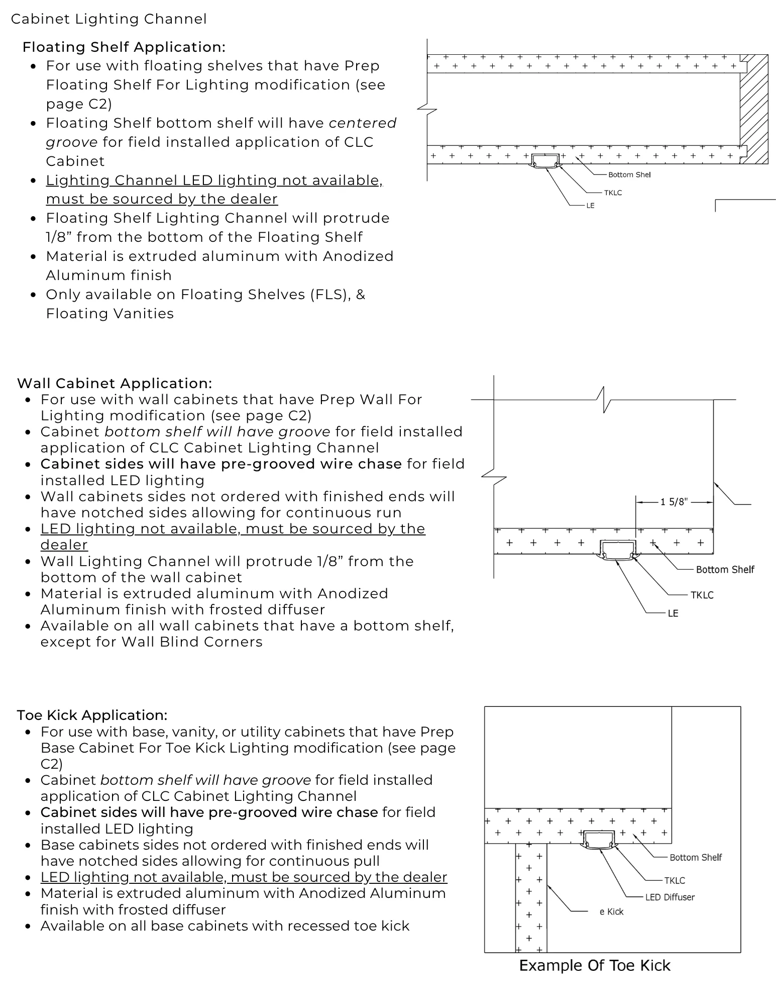 W.W. Wood Cabinet Lighting Channel spec page with section drawings for floating shelf, wall cabinet, and toe kick applications