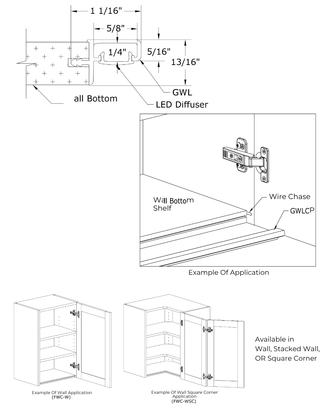 Section drawing and examples of the continuous pull with LED: GWL profile 1-1/16 inch wide and 13/16 inch tall with LED diffuser, wire chase, and wall and wall square corner examples