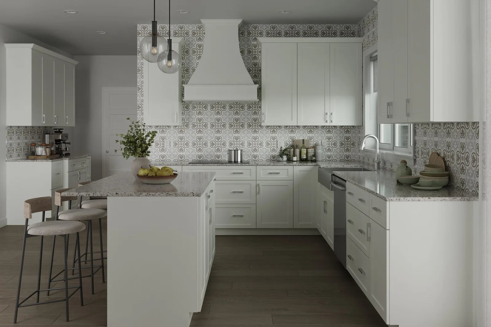 White shaker Nevara L-shaped kitchen with a painted island, pendant lights, and patterned cement-look tile backsplash