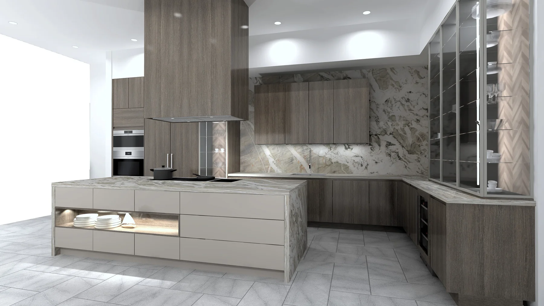 3D render of the 5 Blox Pronorm display: espresso oak perimeter cabinets, organic champagne painted island, brushed brass C-channel pulls, marble backsplash, glass display cabinets with herringbone interior