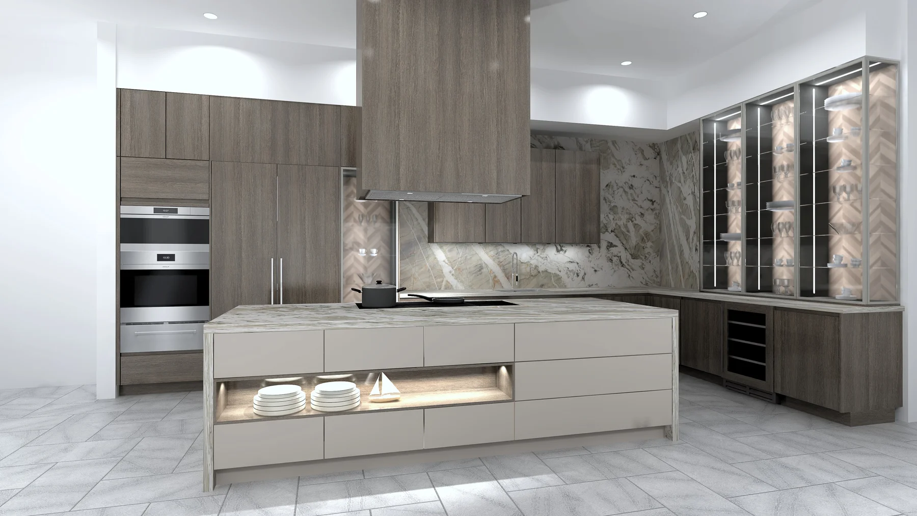 Close 3D render of the island with the open display niche, lit interior, decorative dishes and small sailboat, brushed marble waterfall ends