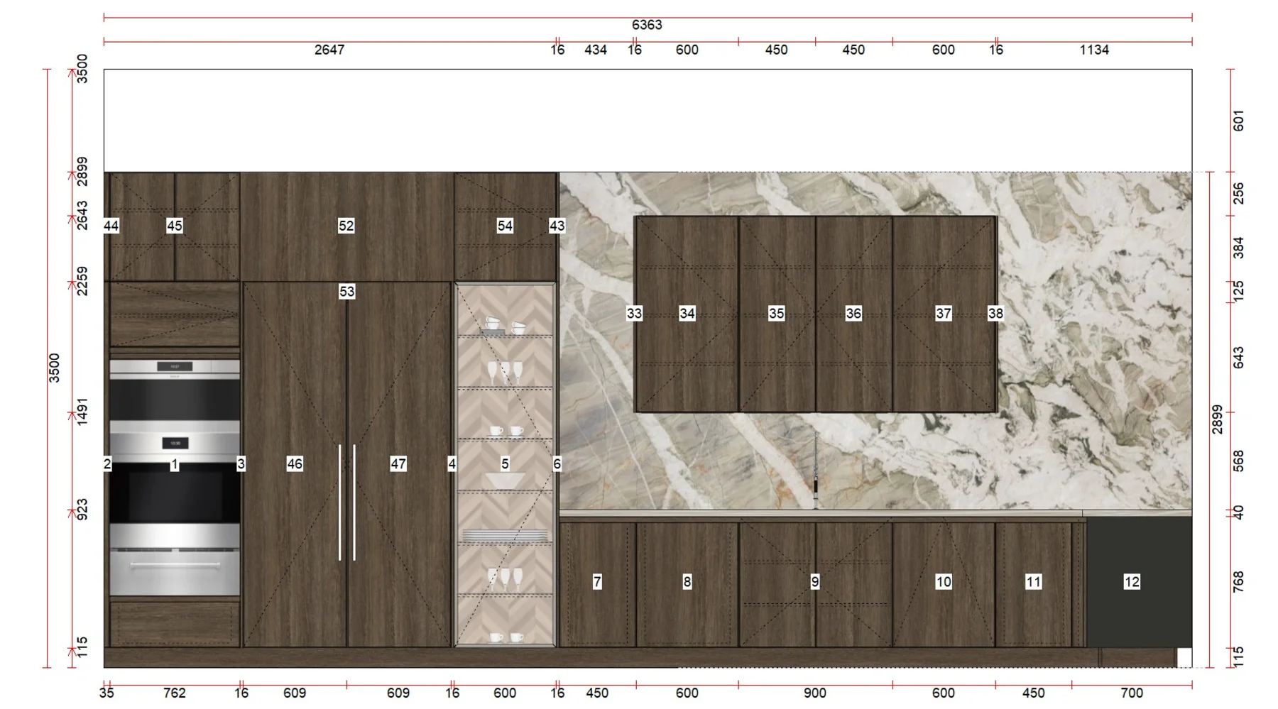 Dimensioned elevation of the 6.4m main wall — tall oven cabinet, integrated fridge column, glass display, marble backsplash with wall cabinets, and a wine fridge column