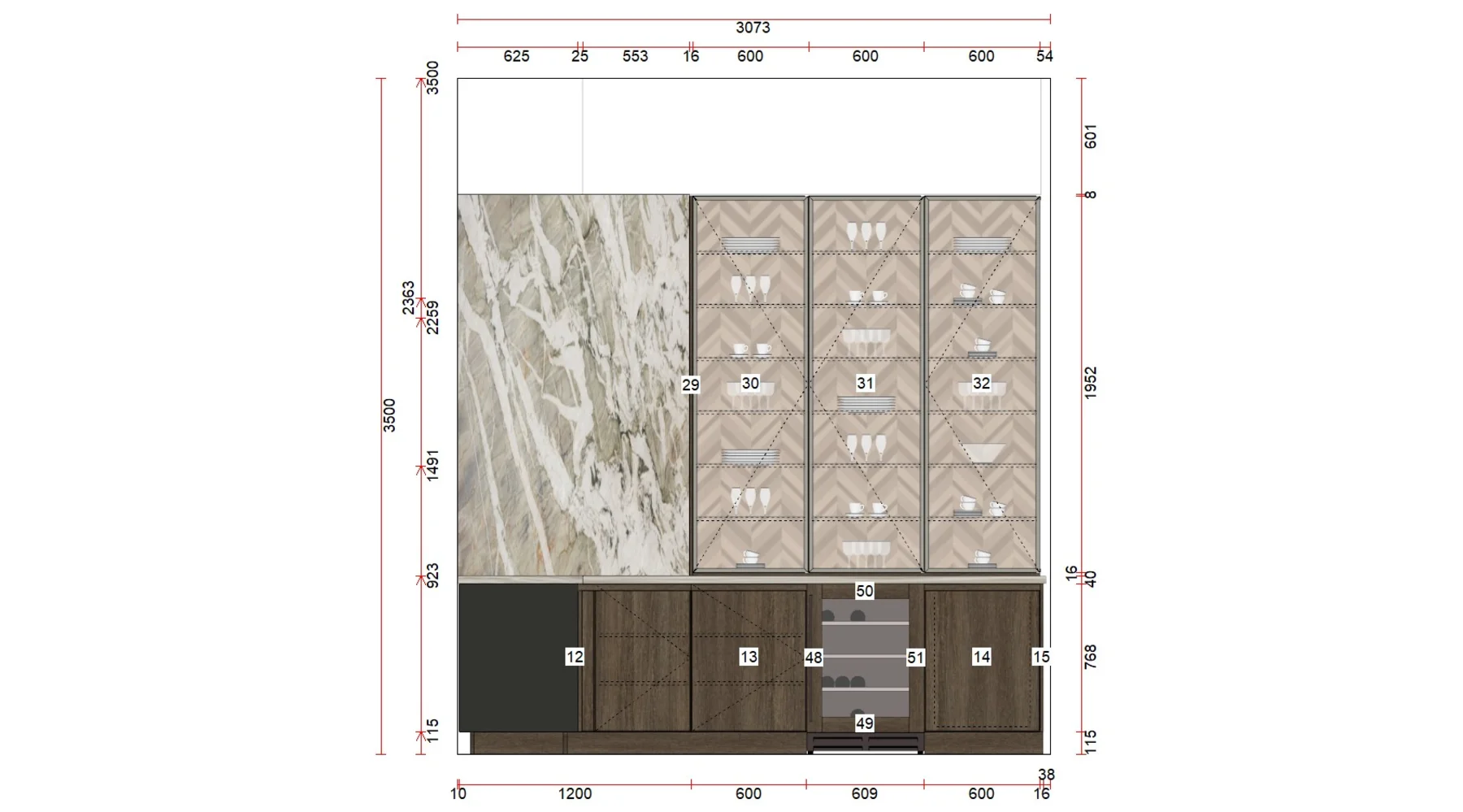 Elevation of the glass display return wall — three full-height aluminum-framed glass cabinets with herringbone smoked oak interior, integrated wine fridge below