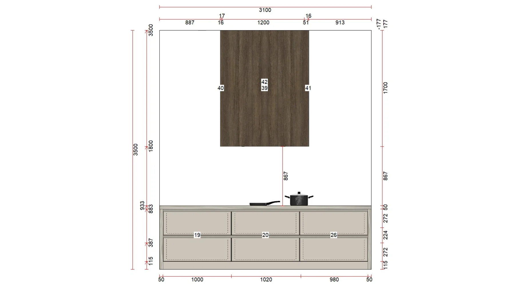 Elevation of the island showing the ceiling-mounted hood, induction cooktop, and the two banks of drawers below