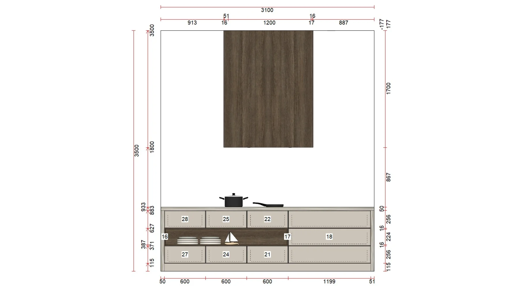Elevation of the seating side of the island showing the lit open shelf niche flanked by drawer banks