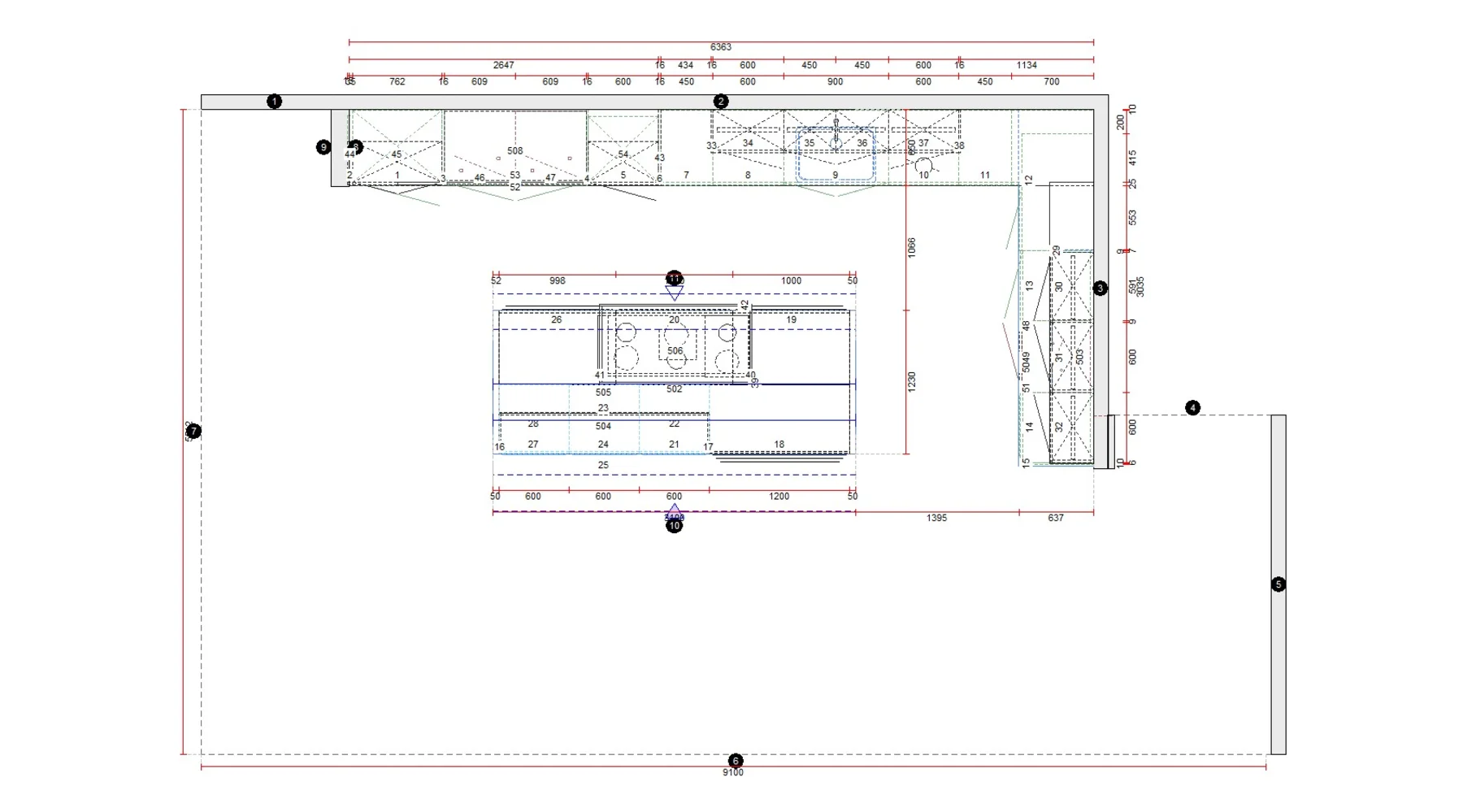 Top-down plan of the 5 Blox display — L-shape main wall and return wall with the island parallel to the main run