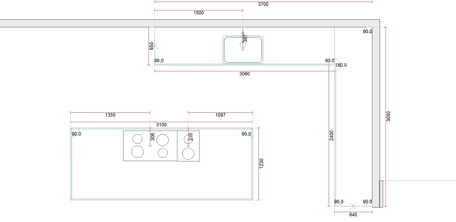 Counter plan with sink and cooktop cutouts dimensioned