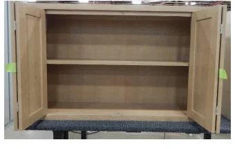 Shiloh wall cabinet with both bifold sets folded fully open, exposing shelves