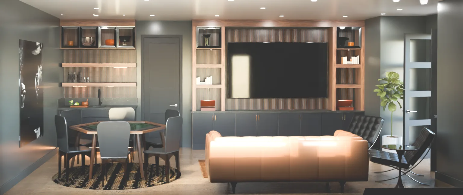 Photorealistic 2020 Design rendering of a media lounge — a built-in entertainment wall with a recessed TV in a reeded-panel surround, walnut open shelving with glass display cubbies, charcoal lower cabinets with brass pulls, a card table, and a leather sofa