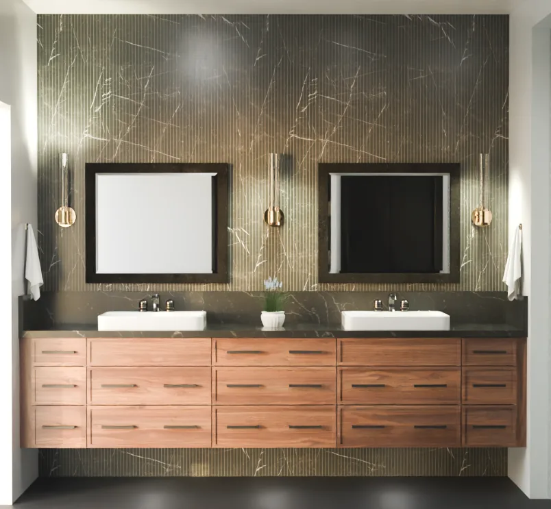 Photorealistic 2020 Design rendering of a primary bathroom — a wall-mounted floating double vanity in walnut with slab drawer fronts and linear recessed pulls, set against dark fluted marble slab walls with brass sconces and framed mirrors