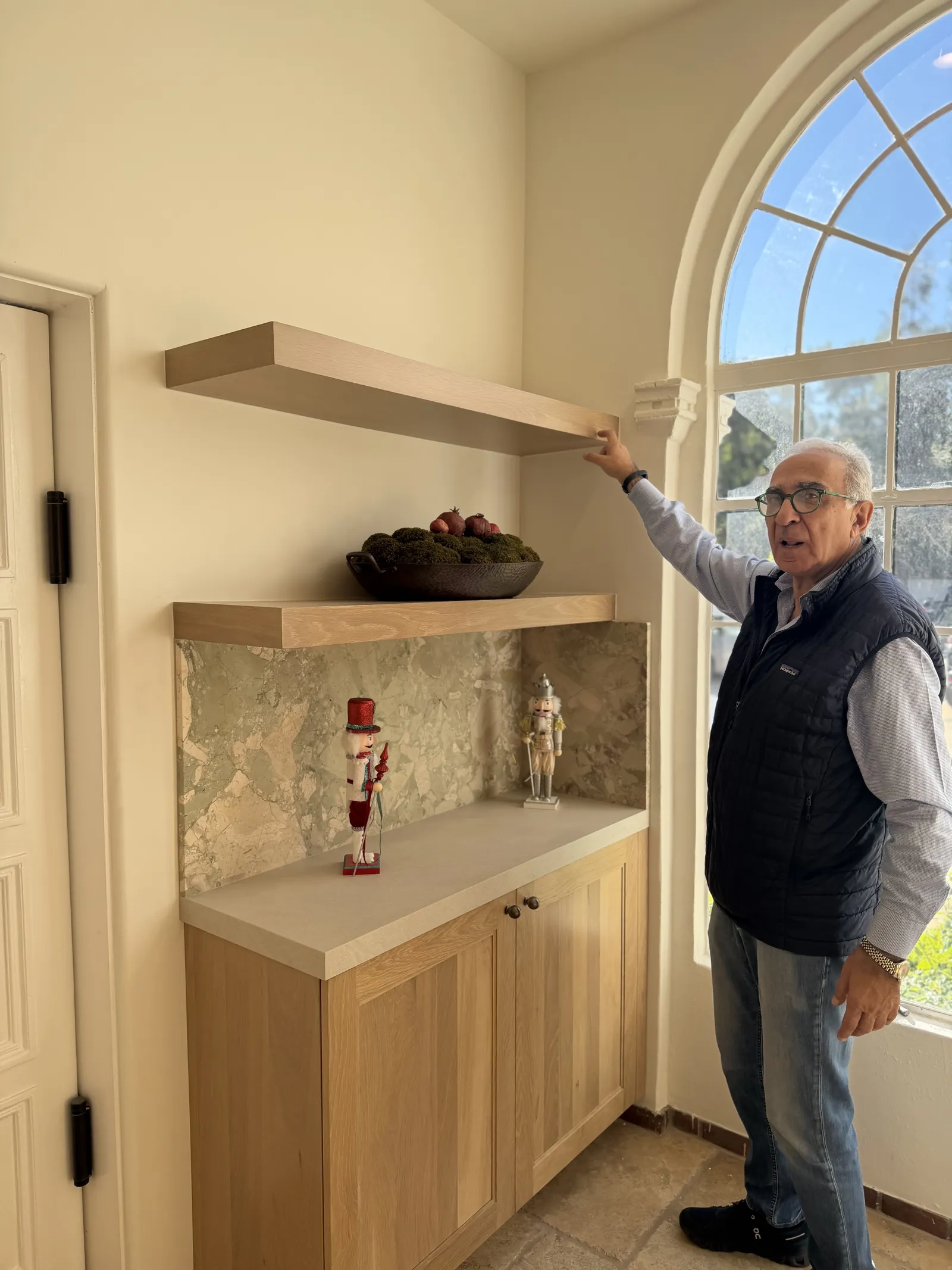 RPN Design La Cañada Flintridge — Eclipse butler's pantry with white oak floating shelves over a marble back, Razmik Hovsepian on site